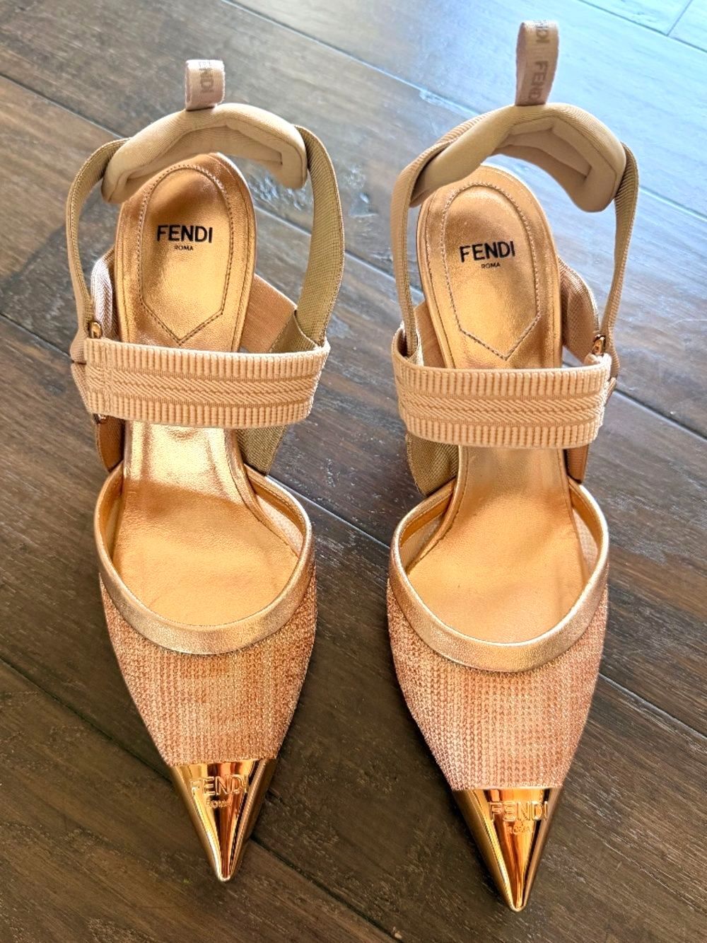 FENDI Colibit Beaded Logo Wide Strap Mirroed Slingback Heels 38.5/38 NEW $1,290